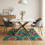 Vibrant Orange Floral Teal Area Rug