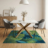 Washable Tropical Palm Leaf Area Rug - Blue & Green Low Pile