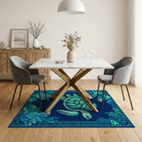 Coastal Beach Teal Sea Turtle Coral Reef Area Rug
