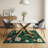 ODIKA Washable Green Dragon & Lotus Floral Area Rug - Low Pile Non-Slip Artistic Decor