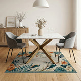 Teal Birds Orange Hibiscus Fern Area Rug