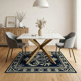 Navy Blue Fleur-de-Lis Ornate Area Rug