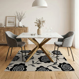 Swirling Black Rose Floral Area Rug