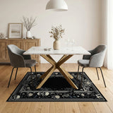 Washable Gothic Skull & Floral Area Rug - Dark Vintage Low Pile
