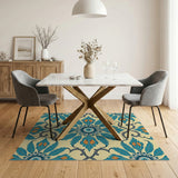 Teal Feather Floral Vintage Area Rug
