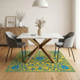 Yellow Persian Rug with Blue Floral Medallion