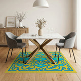 Ornate Blue Star Diamond Rug on Yellow