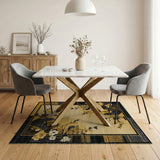 Black Framed Beige Floral Motif Area Rug