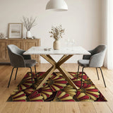 Luxurious Red Gold Feather Art Deco Area Rug