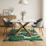 Green Cactus Oasis with Pink Roses Area Rug