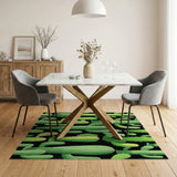 Vibrant Green Cacti on Black Area Rug