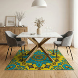 Multi-color and Patterns Teal Mandala Persian Area Rug on Yellow