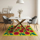 Vibrant Red Poinsettia Blooms on Sunny Yellow Rug