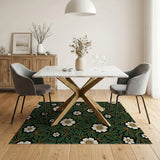 Dark Green Floral Vintage Area Rug with White Blooms