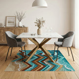 Teal Ocean Waves Crashing Mountains Geometric Rug