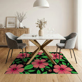 Vibrant Pink Hibiscus Floral Area Rug on Black