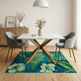 Teal Monstera Leaves Hibiscus Coastal Area Rug