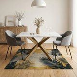 Black Palm Fronds Gold Distressed Vintage Rug