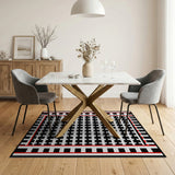Bold Black White Grid Area Rug with Red Border