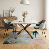 Gold Framed Teal Pink Watercolor Floral Rug