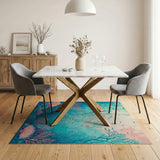 Washable Ocean Coral Reef Area Rug, Teal & Pink Low Pile Coastal Decor