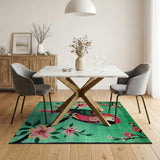 Teal Macaw Parrot with Pink Blossoms Area Rug