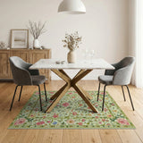 Pale Green Floral Vintage Rug with Pink Roses