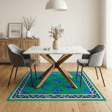 Emerald Green Blue Leaf Floral Area Rug