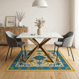 Ornate Blue Gold Floral Medallion Rug