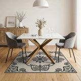 Ornate Beige Persian Area Rug with Black Floral Medallion
