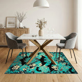 Teal Floral Bat Vintage Washable Area Rug