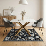 White Poppy Floral Area Rug on Black