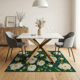 Emerald Green White Peony Floral Area Rug