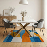 Abstract Curved Geometric Blue Orange Area Rug