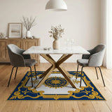 Ornate Navy Blue Gold Baroque Frame Rug