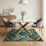 Distressed Teal Fleur-de-Lis Vintage Area Rug