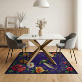 ODIKA Hummingbird & Floral Washable Area Rug - Purple Low Pile Non-Slip Botanical Carpet