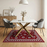 Festive Red Snowflake Area Rug with Floral Borders