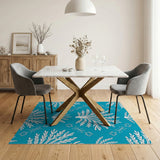 Teal White Sea Fern Coastal Area Rug