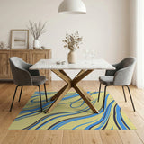 Fluid Blue Swirls on Yellow Abstract Area Rug