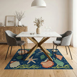 Navy Blue Seashell Starfish Coastal Rug