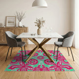 Vibrant Pink Hibiscus Teal Floral Area Rug
