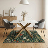Emerald Green Peony Floral Vintage Rug