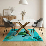 Teal Sea Turtle with Palm Fronds Area Rug