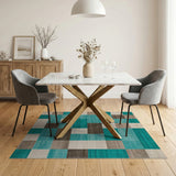 Teal Neutral Geometric Block Area Rug