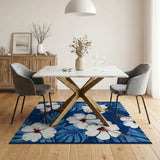 Navy Hibiscus Blooms with Palm Leaves Area Rug