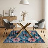 Teal Floral Area Rug with Pink Poppies Butterflies