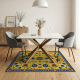ODIKA Washable Yellow and Blue Floral Bohemian Area Rug - Low Pile & Non-Slip