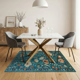 Teal Persian Floral Area Rug with Coral Poppies