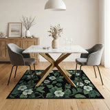 Vintage White Blossoms Green Leaves Black Area Rug